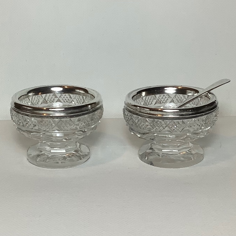 2 Antique Victorian pressed glass and sterling silver salt cellars with spoon